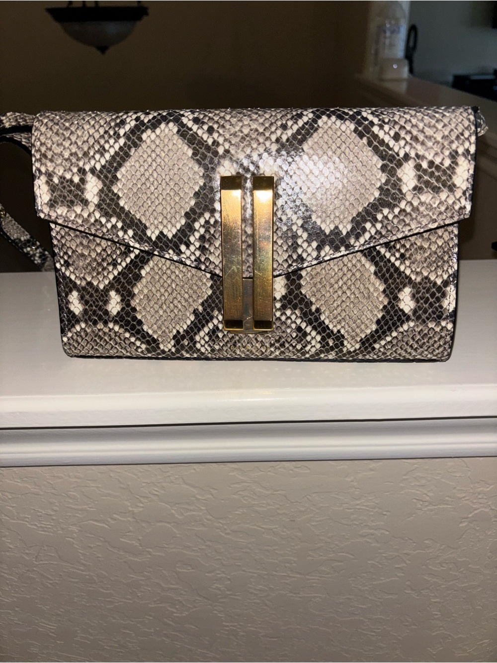 DeMellier Neutral Snake-Print Clutch with Gold Hardware